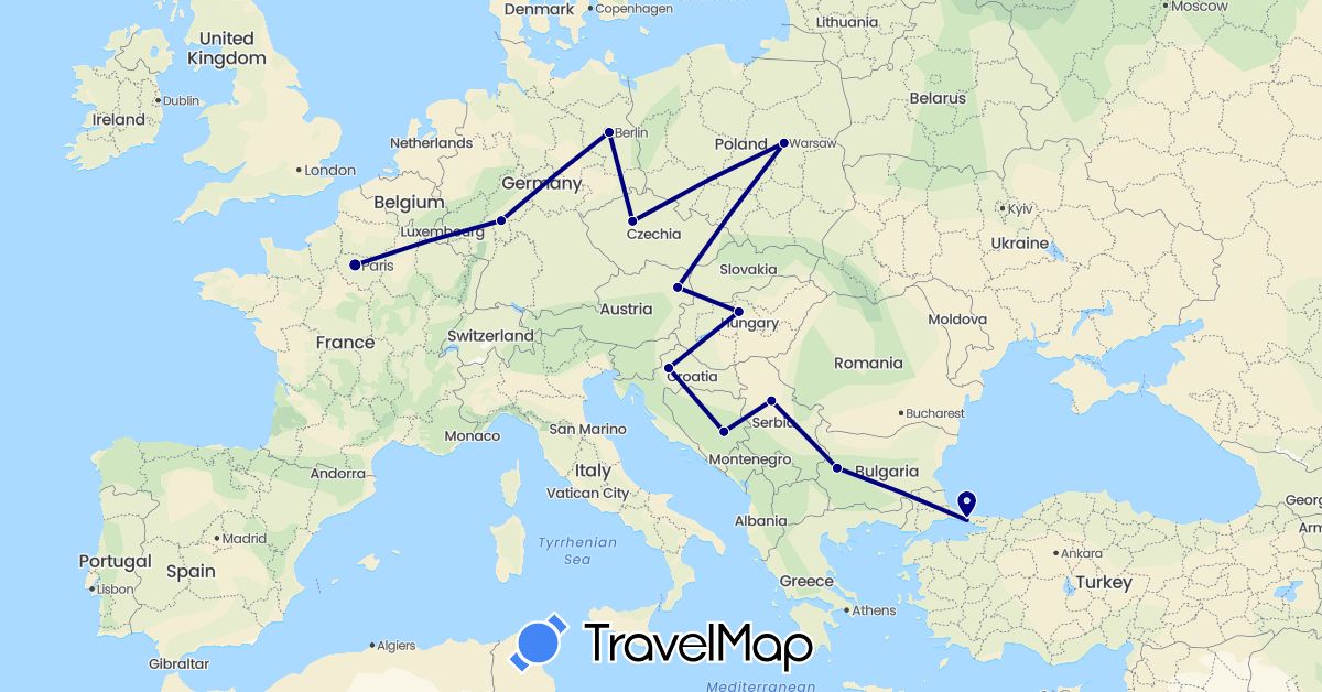 TravelMap itinerary: driving in Austria, Bosnia and Herzegovina, Bulgaria, Czech Republic, Germany, France, Croatia, Hungary, Poland, Serbia, Turkey (Asia, Europe)